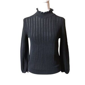 J. Crew Women's Medium Ruffle Mock Neck Pointelle Knit 100% Cotton Black Sweater